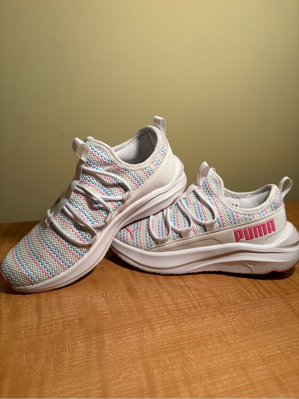 Puma Kids White Sneakers with Pink and Pastel Stripes